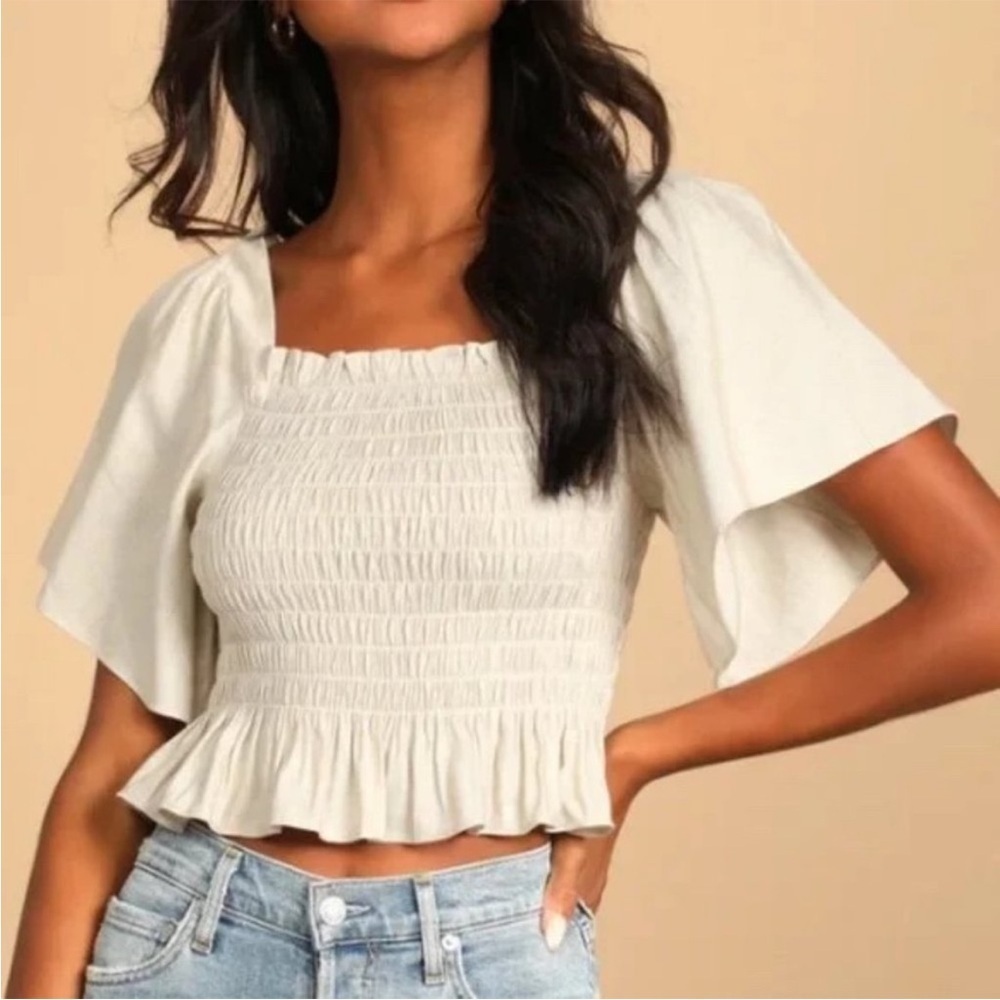 Lulu's Your Sunshine Beige Smocked Flutter Sleeve Top Beige Cream Medium
